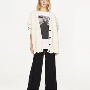 Zara Cream Ivory Distressed Ripped Oversized Chunky Cardigan Sweater Medium New